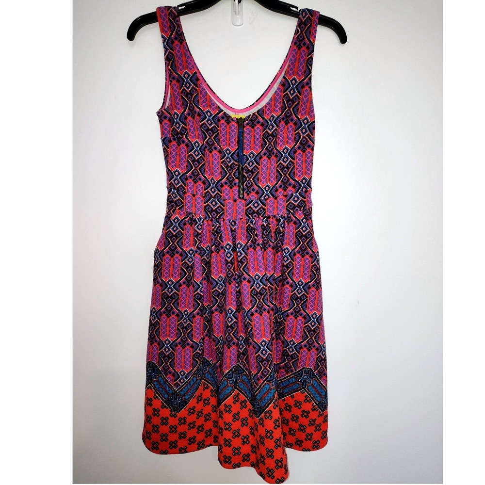 Maeve Anthropologie Geometric IkatFit Flare Dress Orange Purple Blue Sz2 Pockets